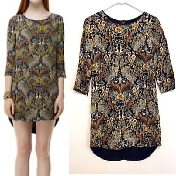 CLUB MONACO Navy Blue Tan Floral Brocade Animal Bird 3/4 Sleeve Mini Shift Dress - Picture 1 of 13